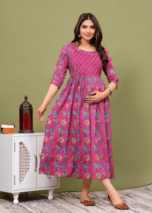 Hima Premium Cotton Anarkali Feeding & Maternity Kurti – 48 Inch Length, 2 Side Zips All-Day Comfort for Moms (Pink)