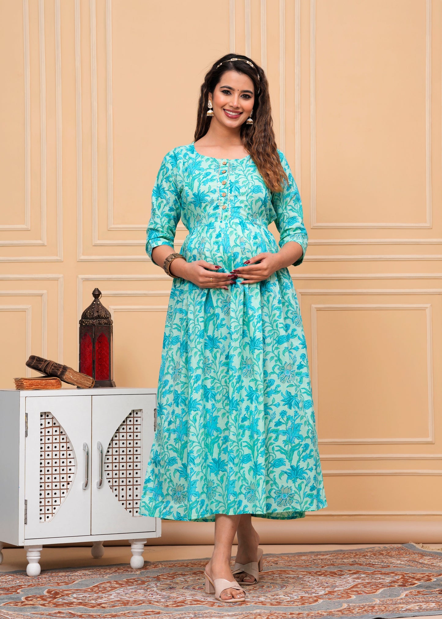 Hima Premium Cotton Anarkali Feeding & Maternity Kurti – 48 Inch Length, 2 Side Zips All-Day Comfort for Moms (Green)