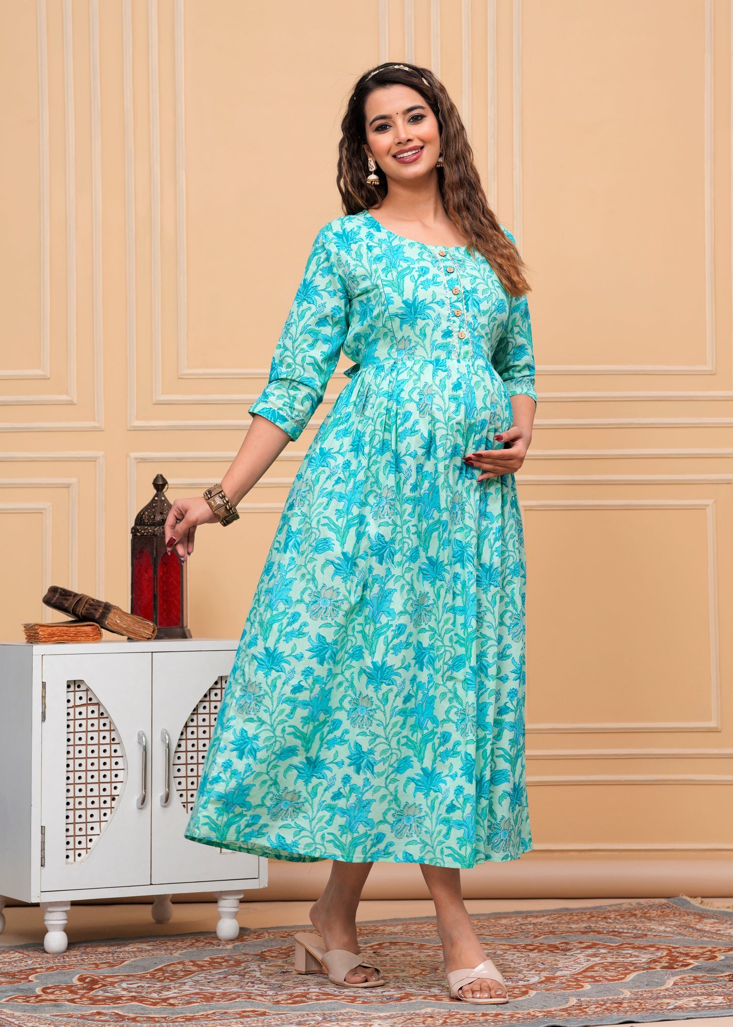 Hima Premium Cotton Anarkali Feeding & Maternity Kurti – 48 Inch Length, 2 Side Zips All-Day Comfort for Moms (Green)