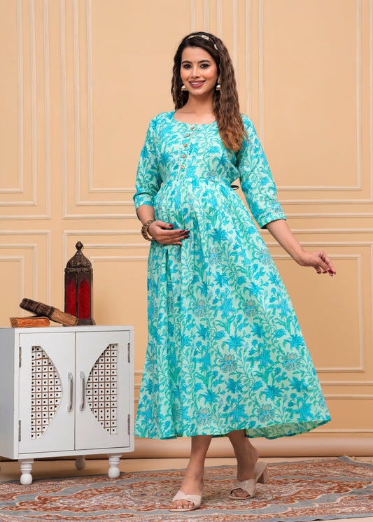 Hima Premium Cotton Anarkali Feeding & Maternity Kurti – 48 Inch Length, 2 Side Zips All-Day Comfort for Moms (Sky Blue)