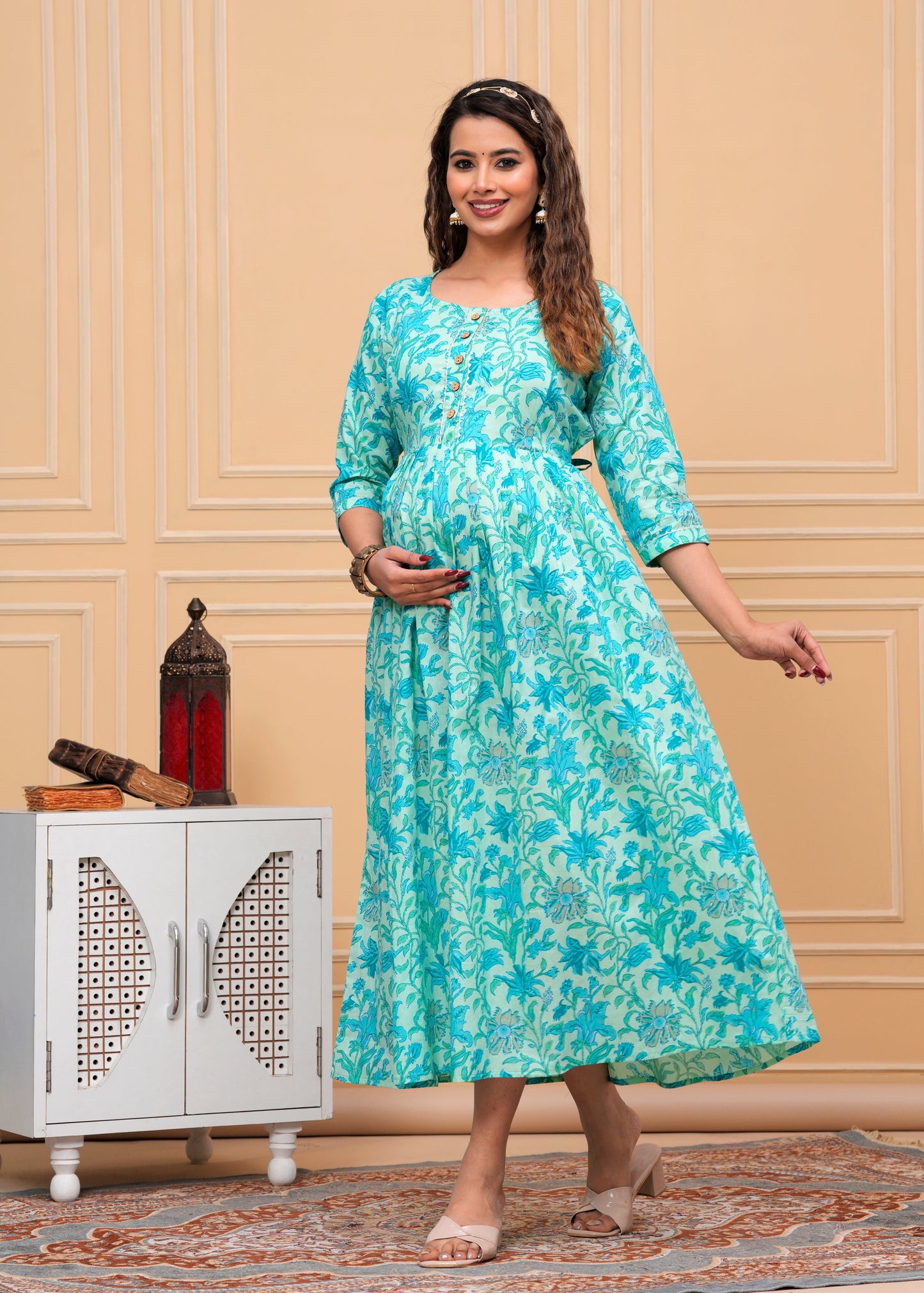 Hima Premium Cotton Anarkali Feeding & Maternity Kurti – 48 Inch Length, 2 Side Zips All-Day Comfort for Moms (Green)