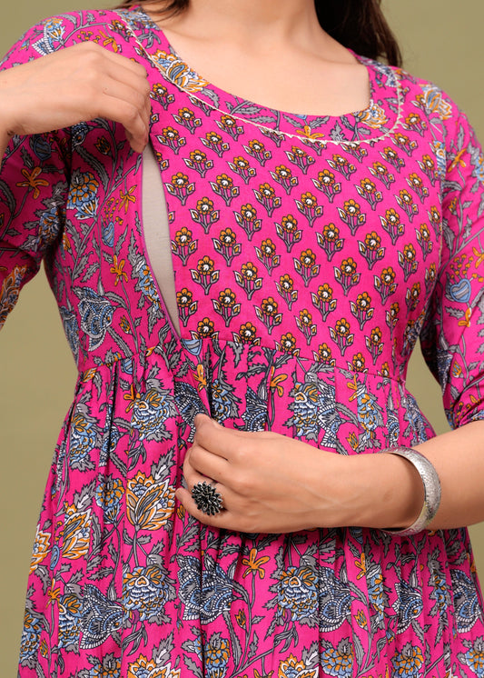 Hima Premium Cotton Anarkali Feeding & Maternity Kurti – 48 Inch Length, 2 Side Zips All-Day Comfort for Moms (Pink)