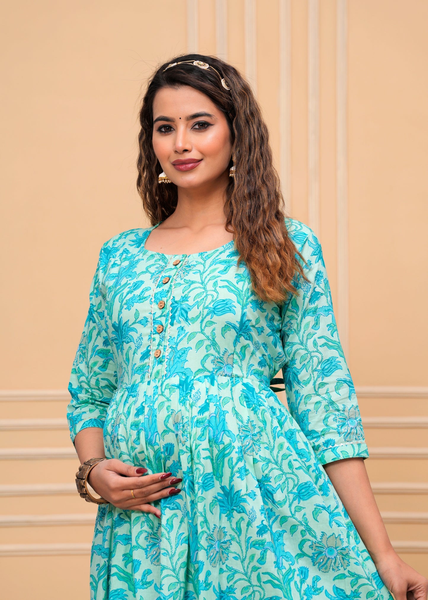 Hima Premium Cotton Anarkali Feeding & Maternity Kurti – 48 Inch Length, 2 Side Zips All-Day Comfort for Moms (Green)