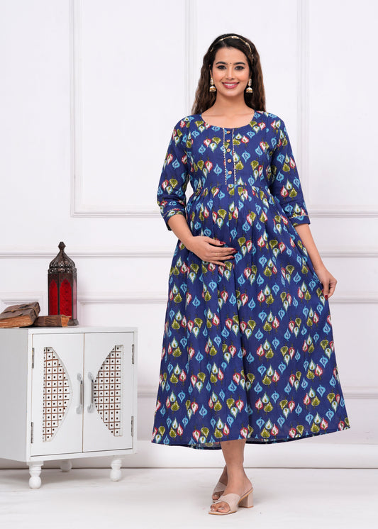 Hima Premium Cotton Anarkali Feeding & Maternity Kurti – 48 Inch Length, 2 Side Zips All-Day Comfort for Moms (Blue)