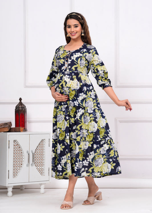 Hima Premium Cotton Anarkali Feeding & Maternity Kurti – 48 Inch Length, 2 Side Zips All-Day Comfort for Moms (Dark Blue with Green)