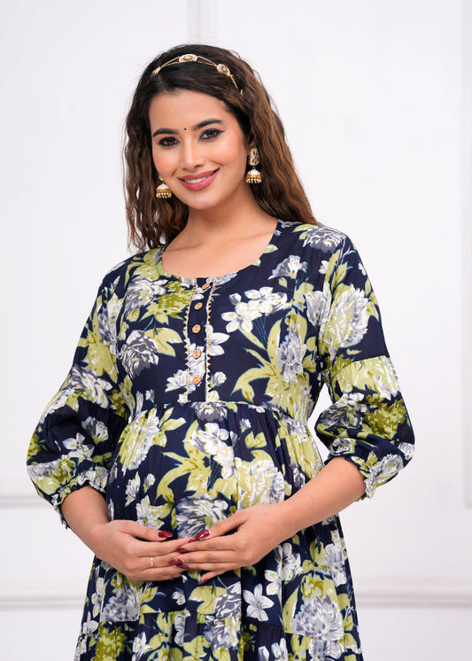 Hima Premium Cotton Anarkali Feeding & Maternity Kurti – 48 Inch Length, 2 Side Zips All-Day Comfort for Moms (Dark Blue with Green)