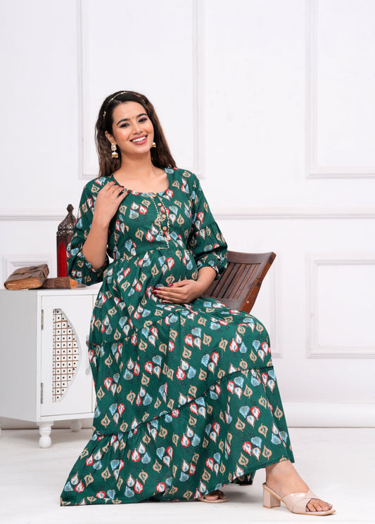 Hima Premium Cotton Anarkali Feeding & Maternity Kurti – 48 Inch Length, 2 Side Zips All-Day Comfort for Moms (Green)