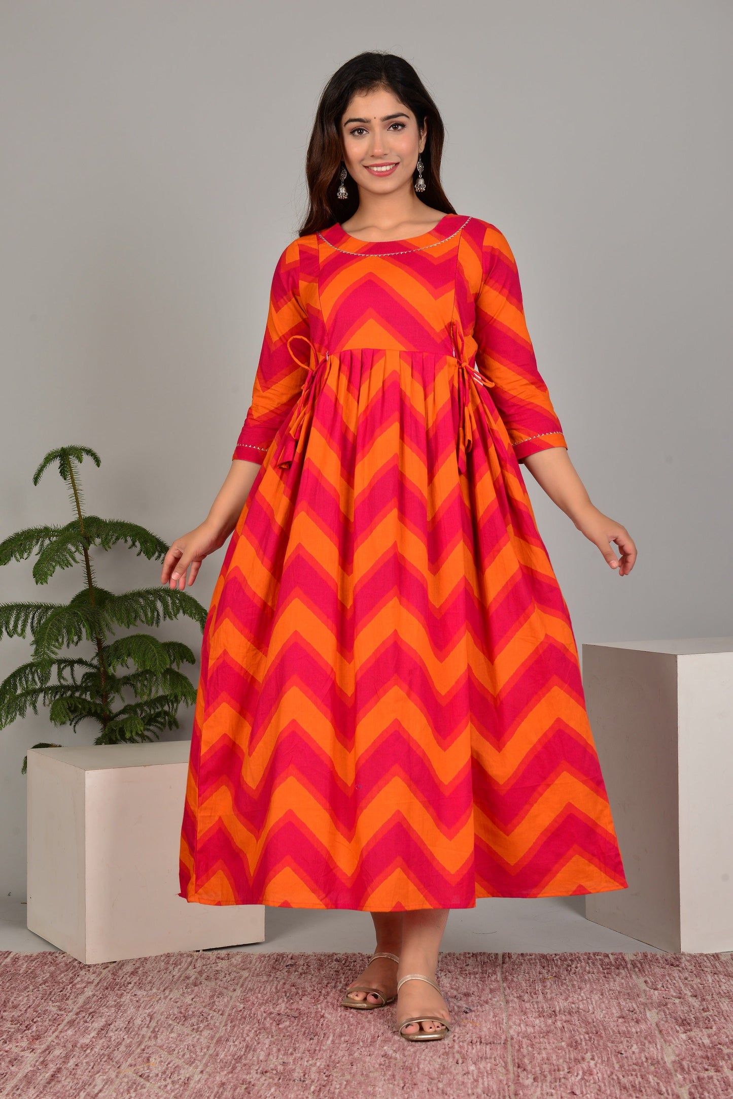 Hima Premium Cotton Anarkali Feeding & Maternity Kurti – 48 Inch Length, 2 Side Zips All-Day Comfort for Moms (Orange)