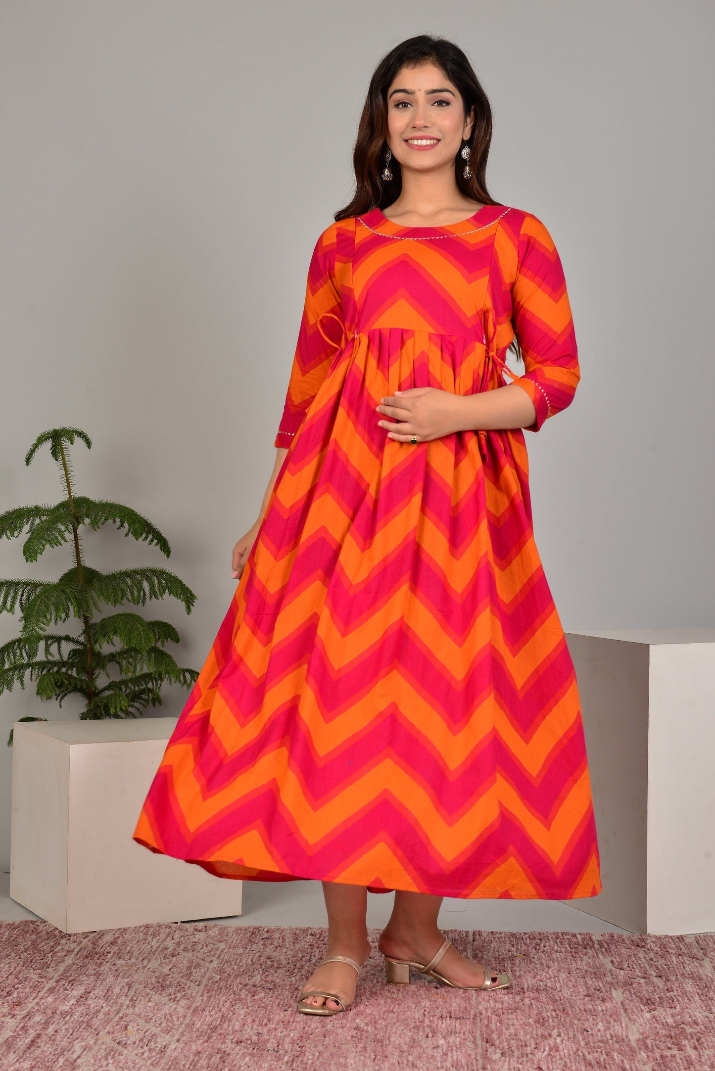 Hima Premium Cotton Anarkali Feeding & Maternity Kurti – 48 Inch Length, 2 Side Zips All-Day Comfort for Moms (Orange)