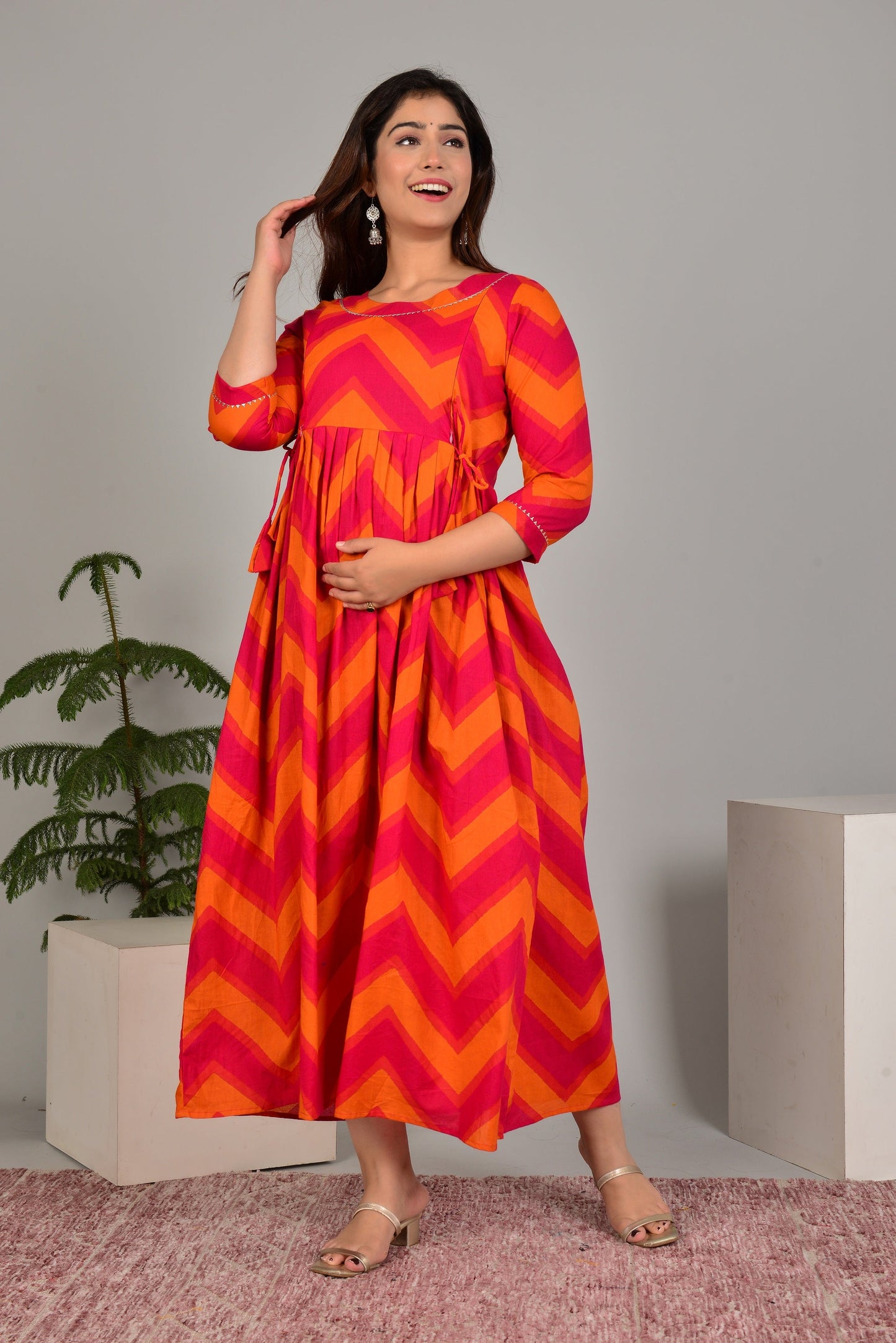 Hima Premium Cotton Anarkali Feeding & Maternity Kurti – 48 Inch Length, 2 Side Zips All-Day Comfort for Moms (Orange)
