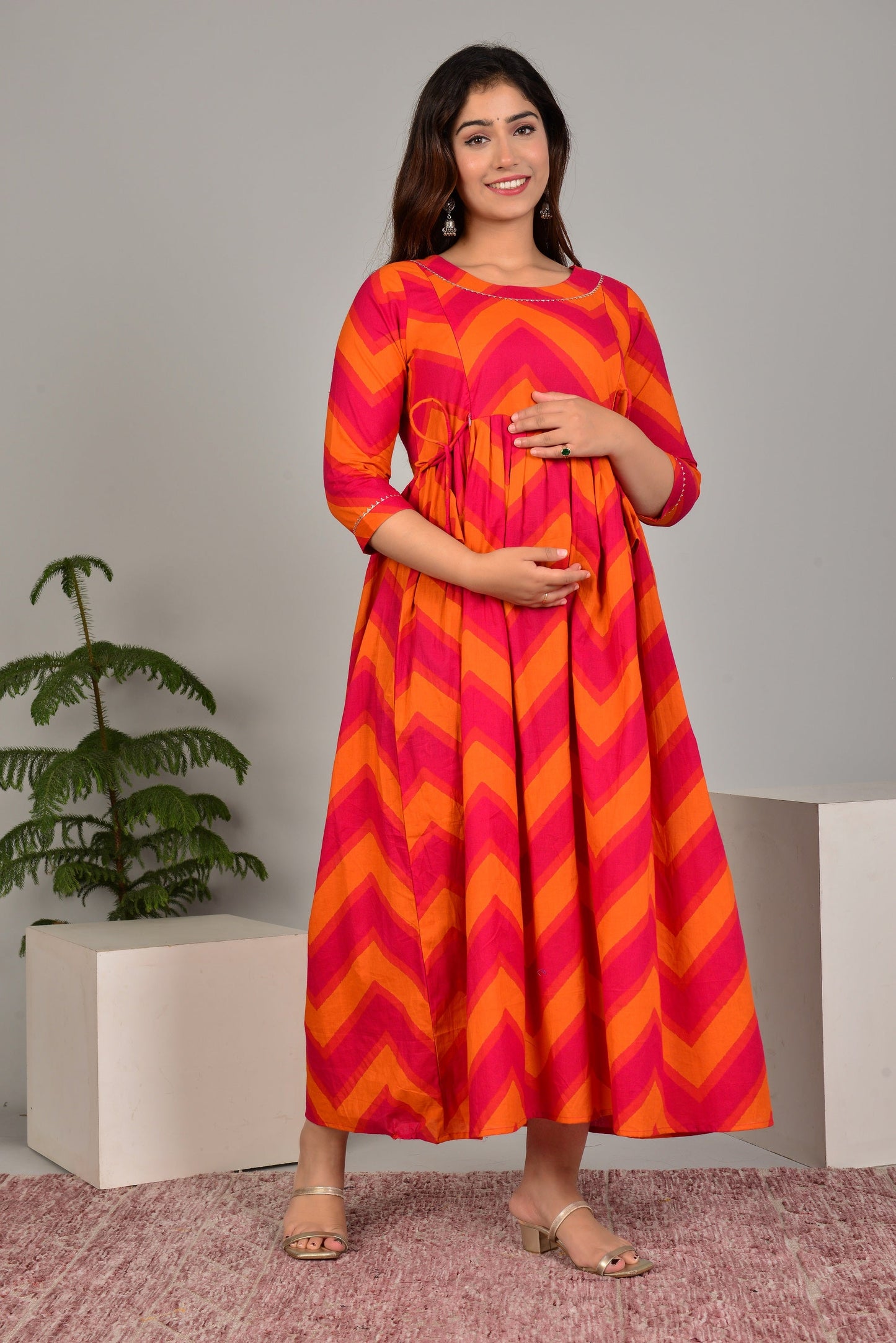Hima Premium Cotton Anarkali Feeding & Maternity Kurti – 48 Inch Length, 2 Side Zips All-Day Comfort for Moms (Orange)