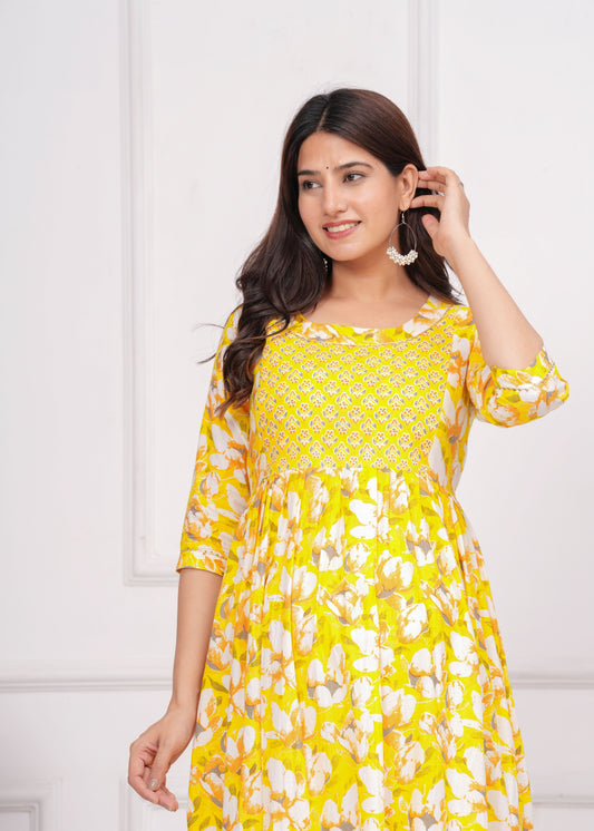 Hima Premium Cotton Anarkali Feeding & Maternity Kurti – 48 Inch Length, 2 Side Zips All-Day Comfort for Moms (Yellow)