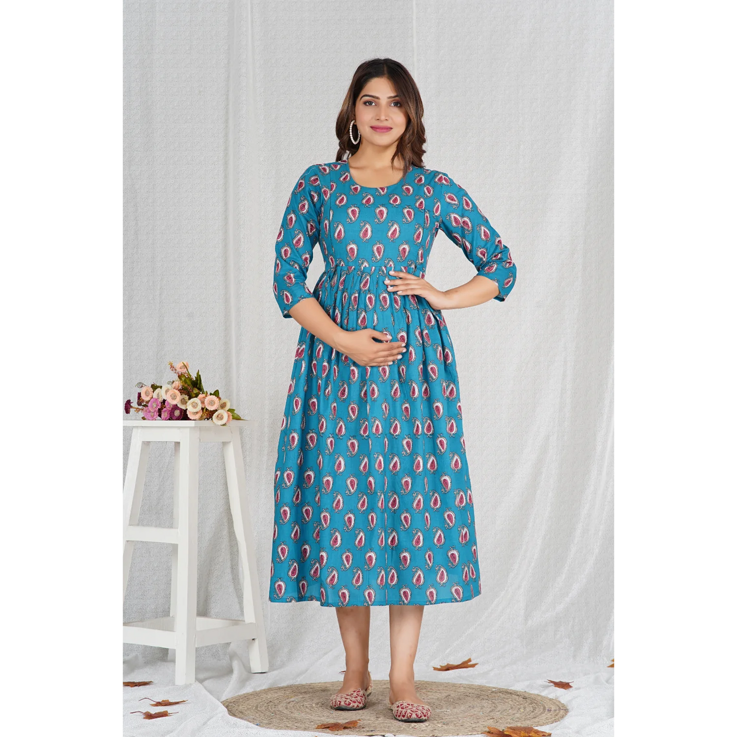 Hima Premium Cotton Anarkali Feeding & Maternity Kurti – 48 Inch Length, 2 Side Zips All-Day Comfort for Moms (Blue)