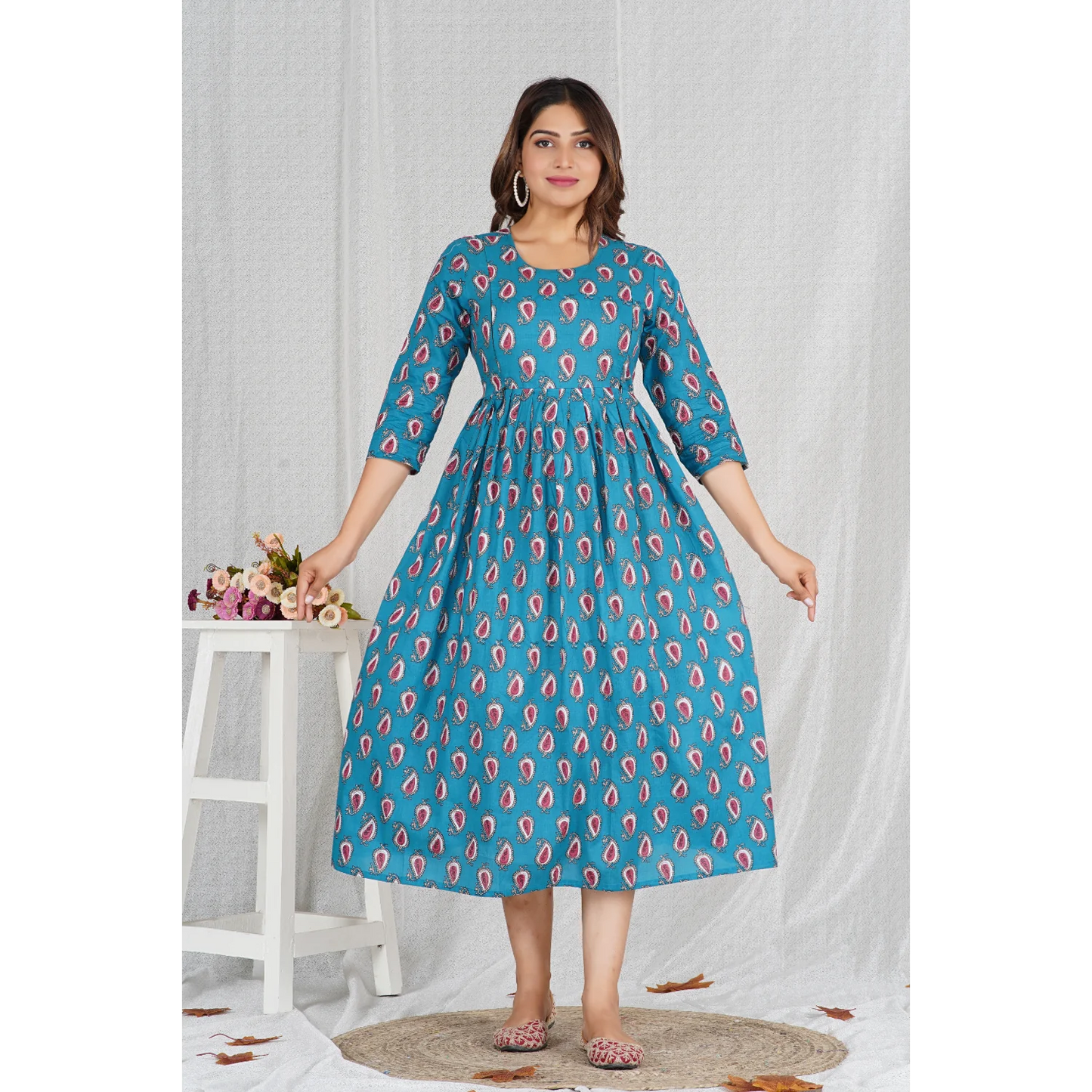 Hima Premium Cotton Anarkali Feeding & Maternity Kurti – 48 Inch Length, 2 Side Zips All-Day Comfort for Moms (Blue)