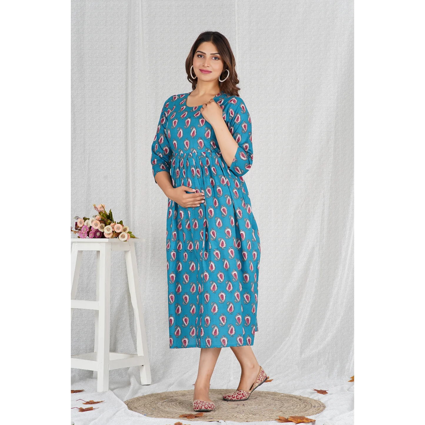 Hima Premium Cotton Anarkali Feeding & Maternity Kurti – 48 Inch Length, 2 Side Zips All-Day Comfort for Moms (Blue)