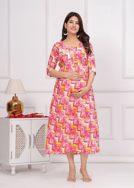 Hima Premium Cotton Anarkali Feeding & Maternity Kurti – 48 Inch Length, 2 Side Zips All-Day Comfort for Moms (White Purple Rose)