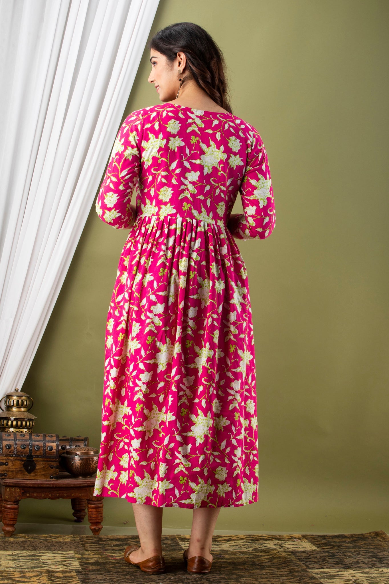 Hima Premium Cotton Anarkali Feeding & Maternity Kurti – 48 Inch Length, 2 Side Zips All-Day Comfort for Moms (Pink)