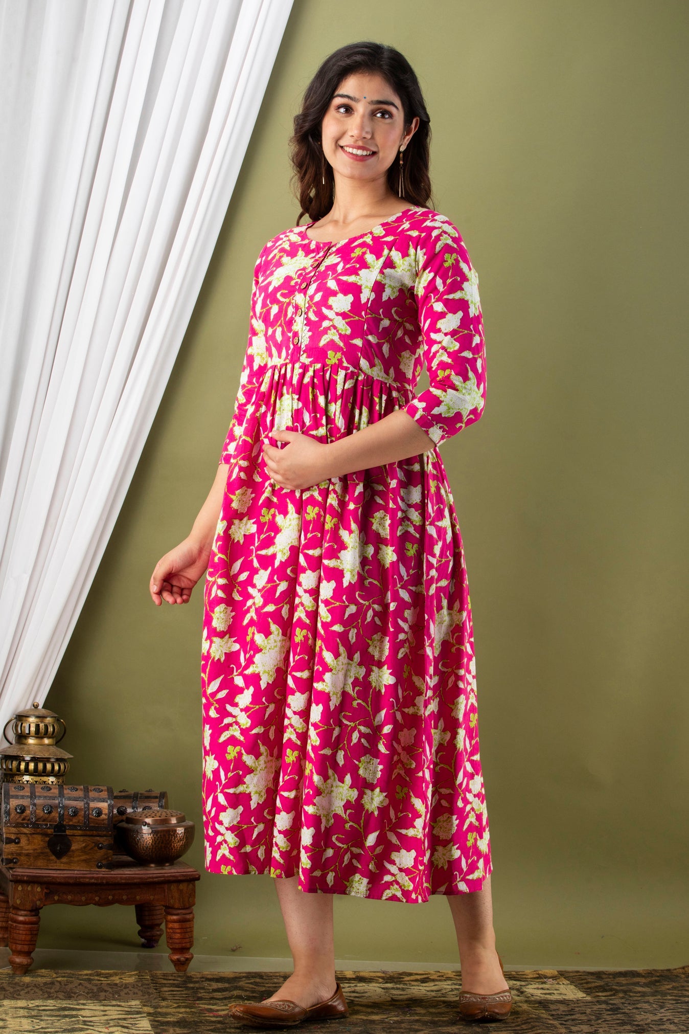 Hima Premium Cotton Anarkali Feeding & Maternity Kurti – 48 Inch Length, 2 Side Zips All-Day Comfort for Moms (Pink)