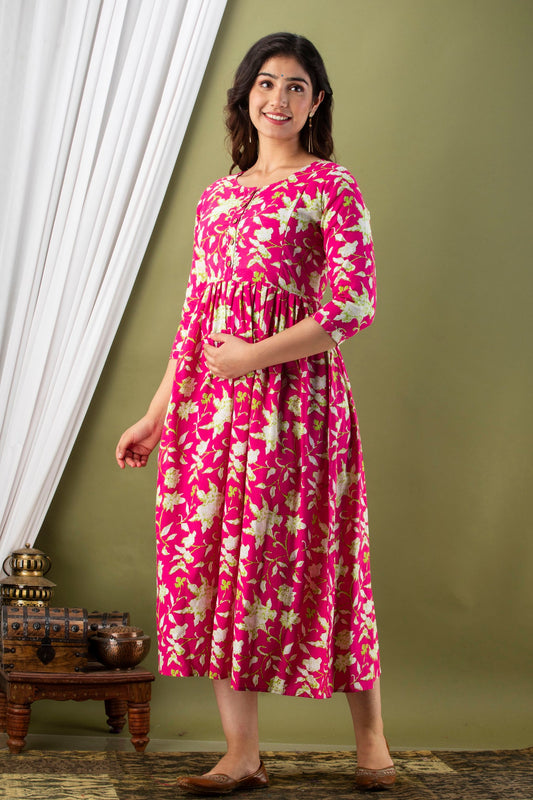 Hima Premium Cotton Anarkali Feeding & Maternity Kurti – 48 Inch Length, 2 Side Zips All-Day Comfort for Moms (Pink)