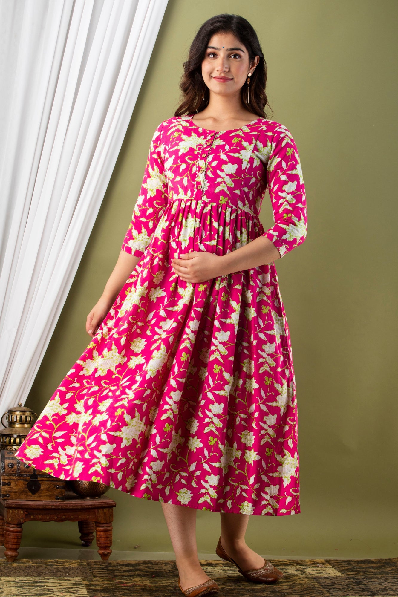 Hima Premium Cotton Anarkali Feeding & Maternity Kurti – 48 Inch Length, 2 Side Zips All-Day Comfort for Moms (Pink)