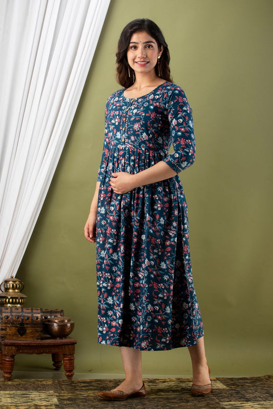 Hima Premium Cotton Anarkali Feeding & Maternity Kurti – 48 Inch Length, 2 Side Zips All-Day Comfort for Moms (Dark Blue)