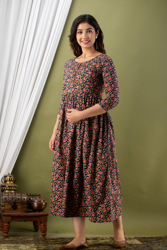 Hima Premium Cotton Anarkali Feeding & Maternity Kurti – 48 Inch Length, 2 Side Zips All-Day Comfort for Moms (Grey)