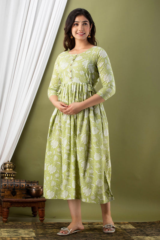 Hima Premium Cotton Anarkali Feeding & Maternity Kurti – 48 Inch Length, 2 Side Zips All-Day Comfort for Moms (Light Green)