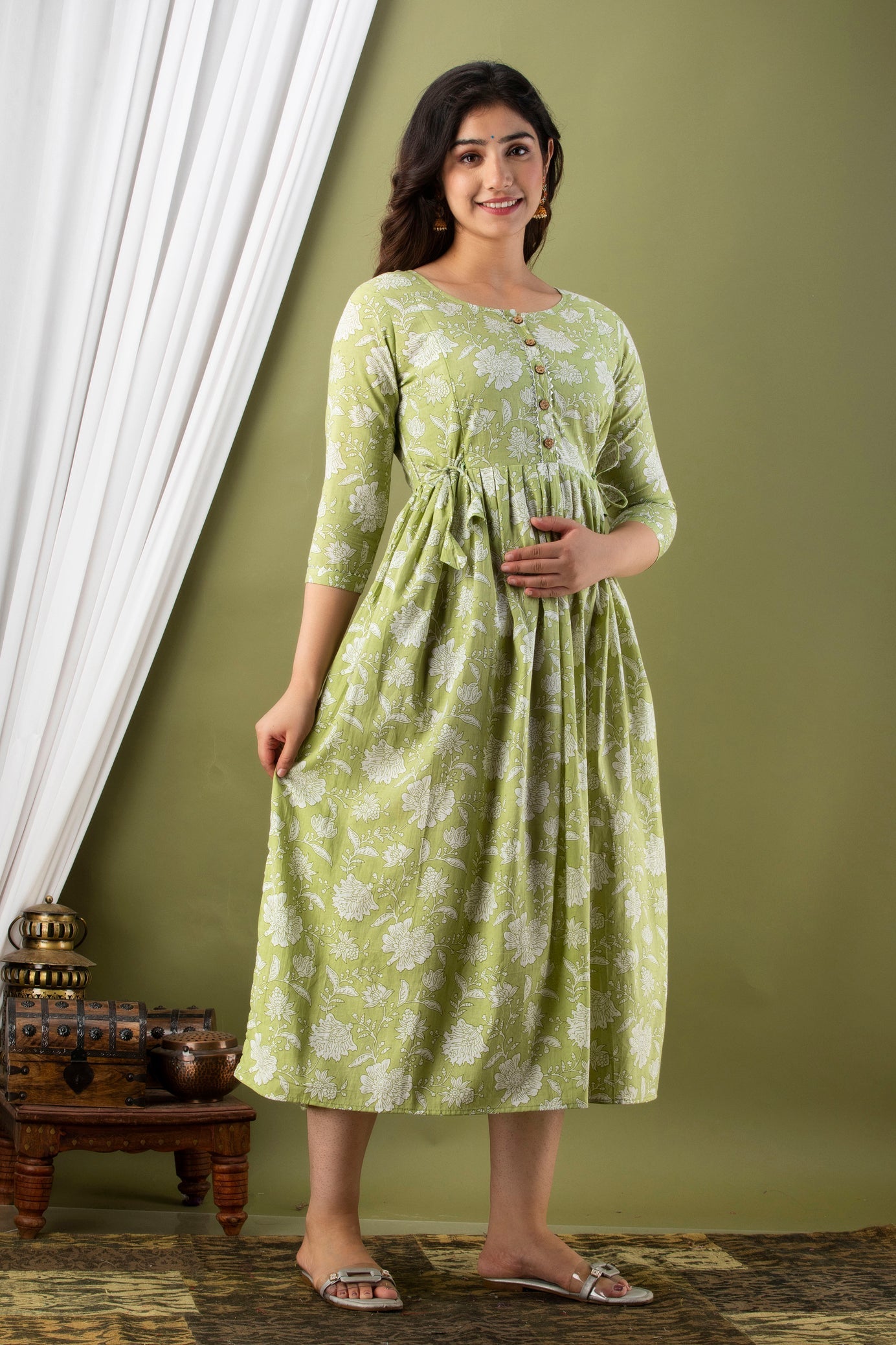 Hima Premium Cotton Anarkali Feeding & Maternity Kurti – 48 Inch Length, 2 Side Zips All-Day Comfort for Moms (Light Green)