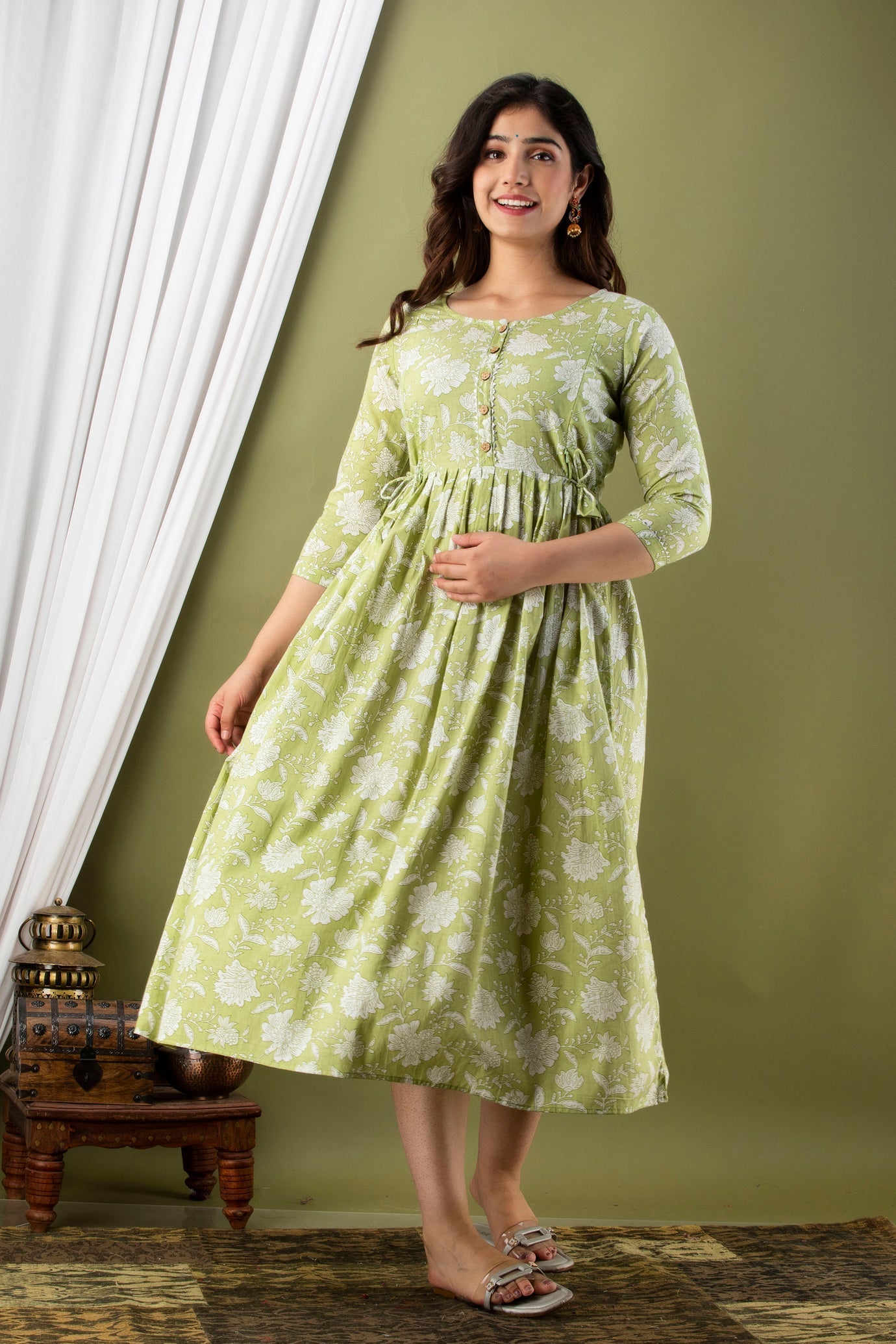 Hima Premium Cotton Anarkali Feeding & Maternity Kurti – 48 Inch Length, 2 Side Zips All-Day Comfort for Moms (Light Green)