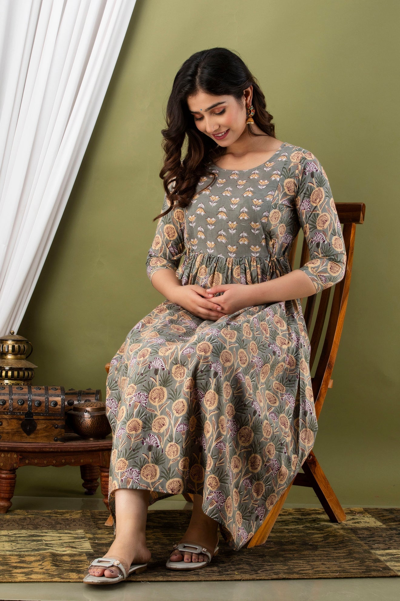 Hima Premium Cotton Anarkali Feeding & Maternity Kurti – 48 Inch Length, 2 Side Zips All-Day Comfort for Moms (Grey)