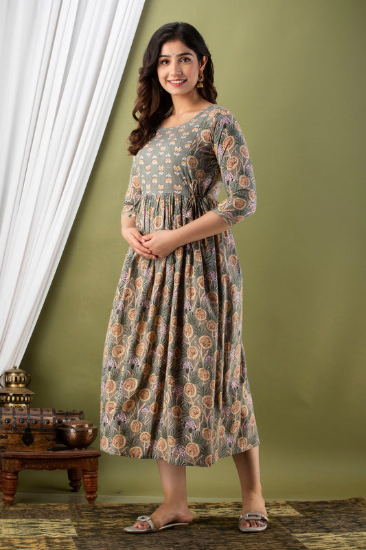 Hima Premium Cotton Anarkali Feeding & Maternity Kurti – 48 Inch Length, 2 Side Zips All-Day Comfort for Moms (Grey)