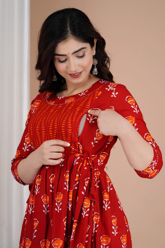 Hima Premium Cotton Anarkali Feeding & Maternity Kurti – 48 Inch Length, 2 Side Zips All-Day Comfort for Moms (Red)