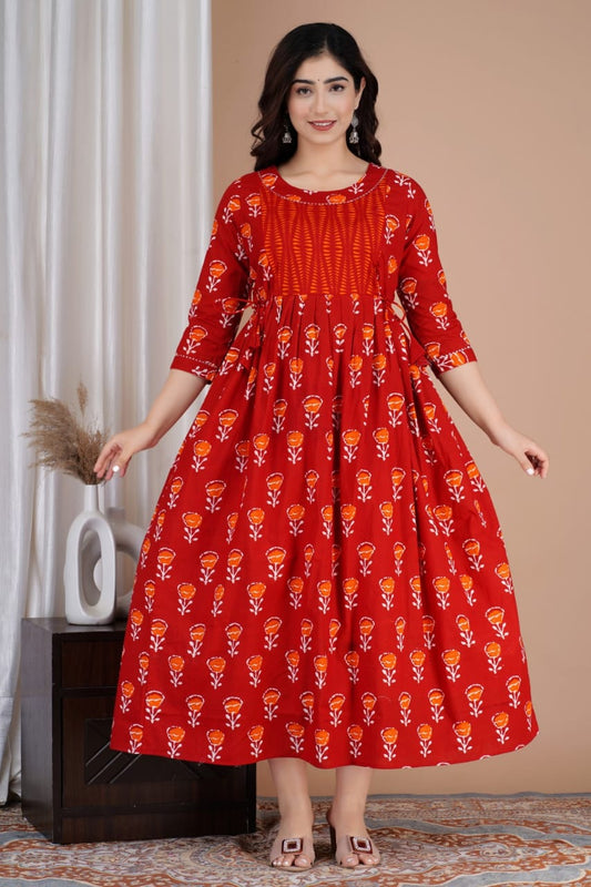 Hima Premium Cotton Anarkali Feeding & Maternity Kurti – 48 Inch Length, 2 Side Zips All-Day Comfort for Moms (Red)