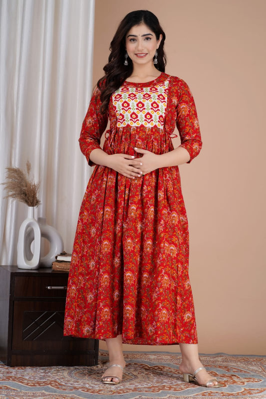 Hima Premium Cotton Anarkali Feeding & Maternity Kurti – 48 Inch Length, 2 Side Zips All-Day Comfort for Moms (Red)