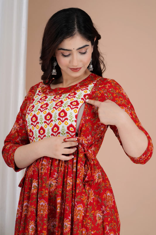 Hima Premium Cotton Anarkali Feeding & Maternity Kurti – 48 Inch Length, 2 Side Zips All-Day Comfort for Moms (Red)