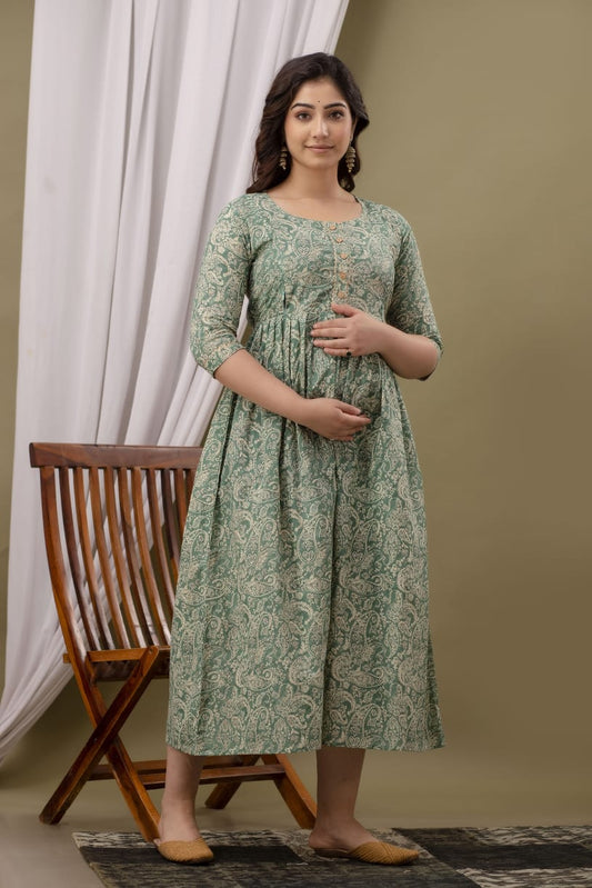 Hima Premium Cotton Anarkali Feeding & Maternity Kurti – 48 Inch Length, 2 Side Zips All-Day Comfort for Moms Light Green