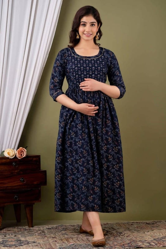 Hima Premium Cotton Anarkali Feeding & Maternity Kurti – 48 Inch Length, 2 Side Zips All-Day Comfort for Moms Dark Blue