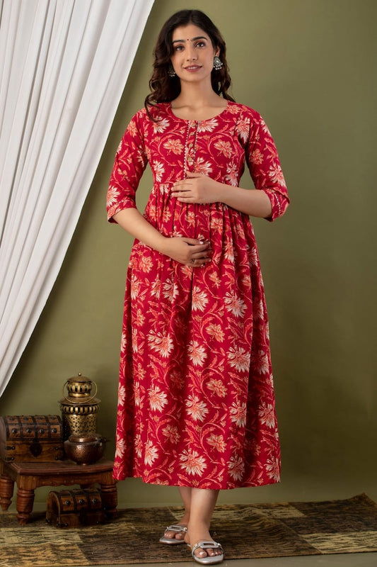 Hima Anarkali Feeding & Maternity Kurti – Effortless Style & All-Day Comfort for Moms (Red)
