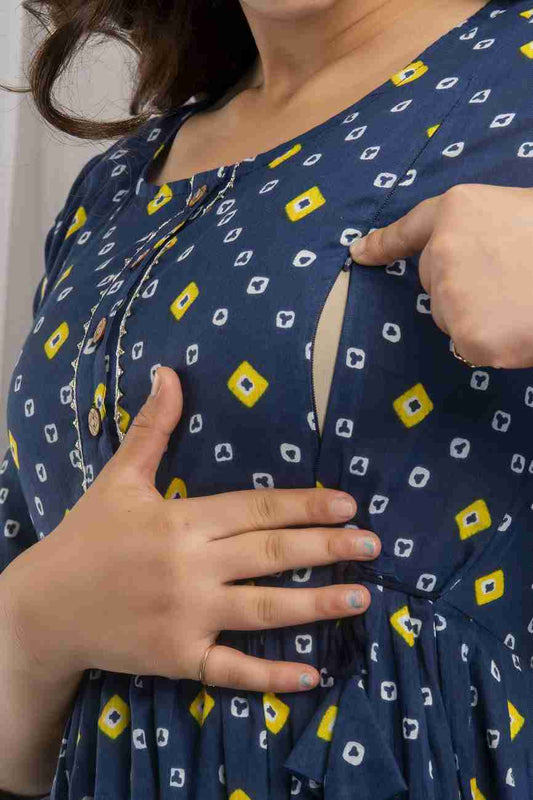 Hima Premium Cotton Anarkali Feeding & Maternity Kurti – 48 Inch Length, 2 Side Zips All-Day Comfort for Moms (Dark Blue)