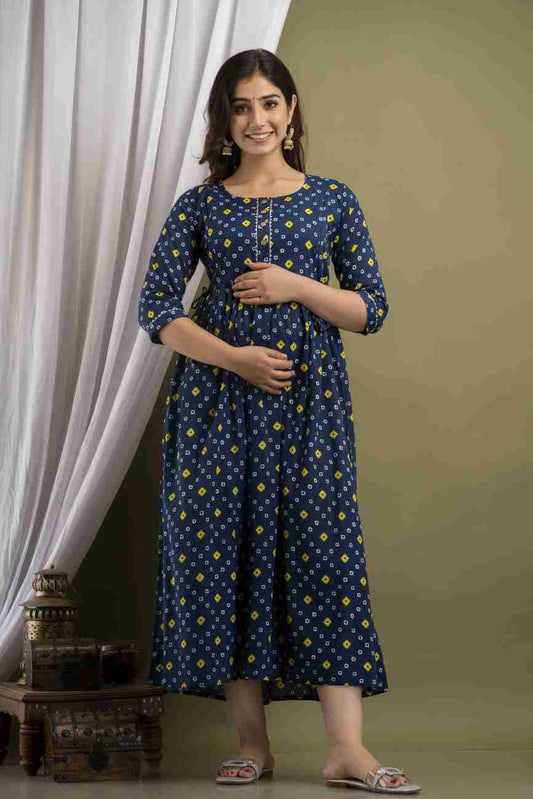 Hima Premium Cotton Anarkali Feeding & Maternity Kurti – 48 Inch Length, 2 Side Zips All-Day Comfort for Moms (Dark Blue)
