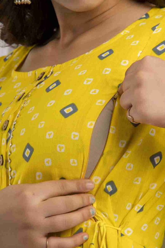 Hima Premium Cotton Anarkali Feeding & Maternity Kurti – 48 Inch Length, 2 Side Zips All-Day Comfort for Moms (Yellow)