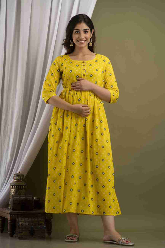 Hima Premium Cotton Anarkali Feeding & Maternity Kurti – 48 Inch Length, 2 Side Zips All-Day Comfort for Moms (Yellow)