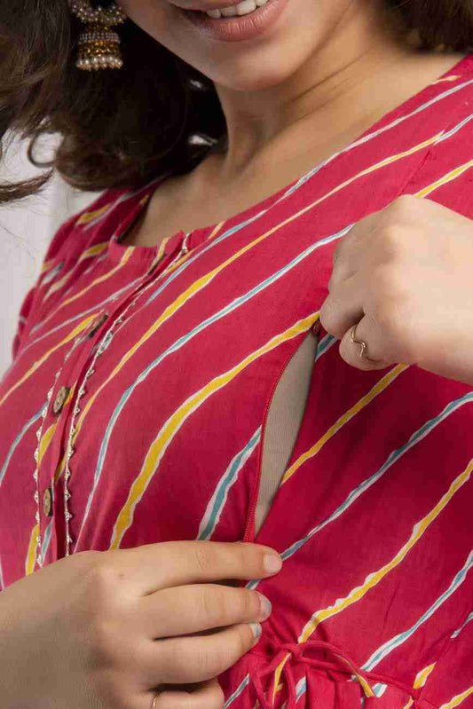 Hima Premium Cotton Anarkali Feeding & Maternity Kurti – 48 Inch Length, 2 Side Zips All-Day Comfort for Moms (Red)