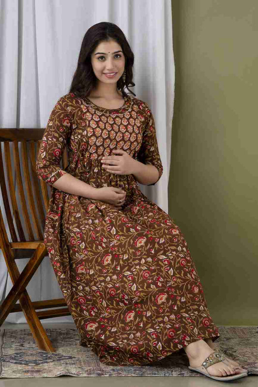 Hima Premium Cotton Anarkali Feeding & Maternity Kurti – 48 Inch Length, 2 Side Zips All-Day Comfort for Moms (Brown)