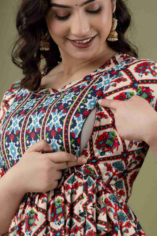 Hima Premium Cotton Anarkali Feeding & Maternity Kurti – 48 Inch Length, 2 Side Zips All-Day Comfort for Moms (Multi)