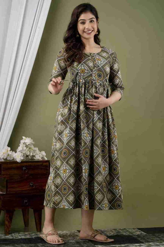 Hima Premium Cotton Anarkali Feeding & Maternity Kurti – 48 Inch Length, 2 Side Zips All-Day Comfort for Moms (Green)