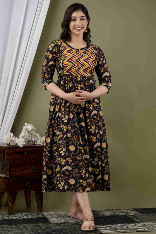 Hima Premium Cotton Anarkali Feeding & Maternity Kurti – 48 Inch Length, 2 Side Zips All-Day Comfort for Moms (Black)