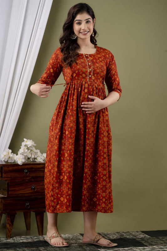 Hima Premium Cotton Anarkali Feeding & Maternity Kurti – 48 Inch Length, 2 Side Zips All-Day Comfort for Moms (Light Brown)