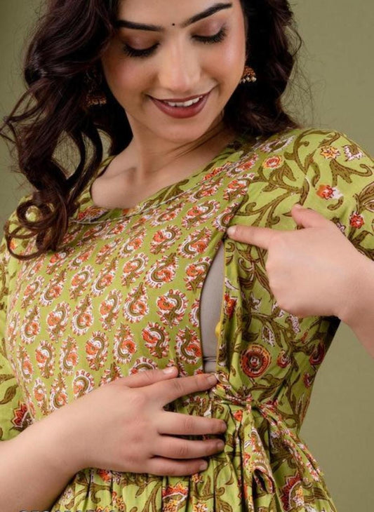 Hima Premium Cotton Anarkali Feeding & Maternity Kurti – 48 Inch Length, 2 Side Zips All-Day Comfort for Moms (Light Green)