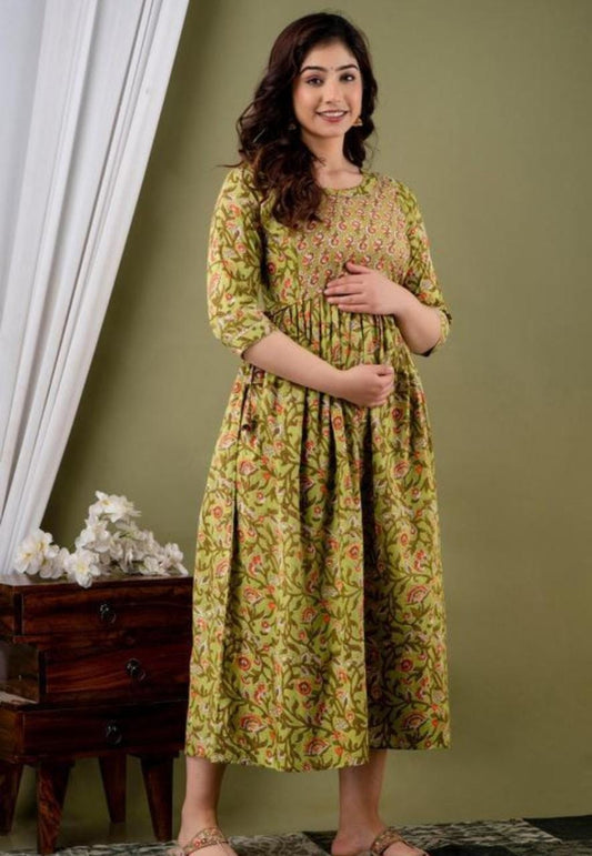 Hima Premium Cotton Anarkali Feeding & Maternity Kurti – 48 Inch Length, 2 Side Zips All-Day Comfort for Moms (Light Green)